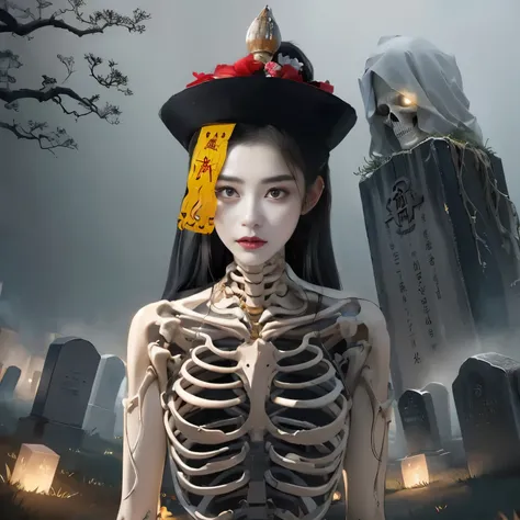 there is a woman with a skeleton headdress and a skeleton in a cemetery, hone onna skeleton geisha, goddess of death in a gravey...