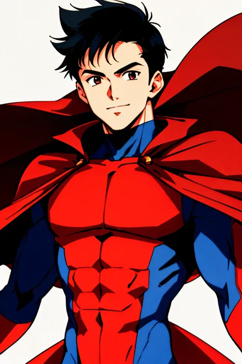 masterpiece, best quality, cel shaded, bright colors, 1boy, solo, male focus, teenage boy, short black hair, brown eyes, youthful smile, healthy complexion, muscular frame, american flag superhero suit, american flag cape, looking at viewer, staring straig...