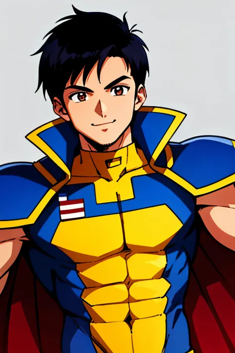 masterpiece, best quality, cel shaded, bright colors, 1boy, solo, male focus, teenage boy, short black hair, brown eyes, youthful smile, healthy complexion, muscular frame, american flag superhero suit, american flag cape, looking at viewer, staring straig...