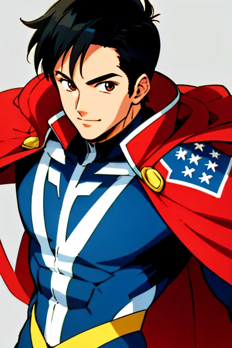 masterpiece, best quality, cel shaded, bright colors, 1boy, solo, male focus, teenage boy, short black hair, brown eyes, youthful smile, healthy complexion, muscular frame, american flag superhero suit, american flag cape, looking at viewer, staring straig...