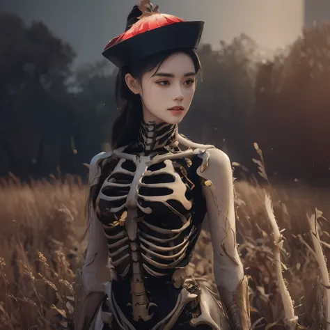 arafed woman in a skeleton costume standing in a field, skeleton girl, hone onna skeleton geisha, eerie art style, with a skeleton army, inspired by Fenghua Zhong, beautiful digital artwork, skeleton, inspired by Ai Xuan, xue han, saint skeleton queen, dar...
