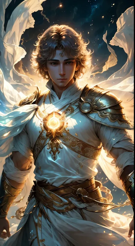 (8k), Ultra resolution 8K, Stunning illustration of a splendid celestial, Ethereal hero , Warrior Prince,, Flowing luminous white tunic suit ,cinematic lighting