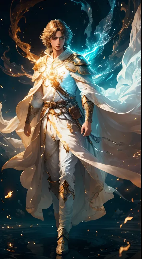 (8k), Ultra resolution 8K, Stunning illustration of a splendid celestial, Ethereal hero , Warrior Prince,, Flowing luminous white tunic suit ,cinematic lighting