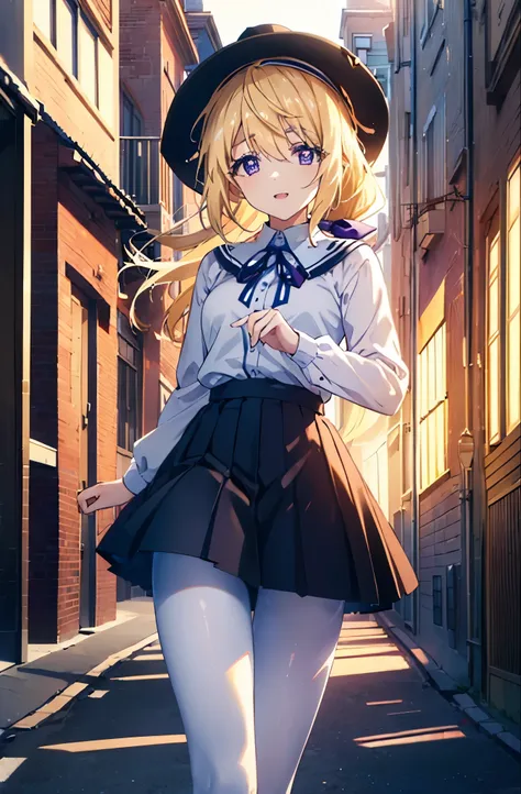 charlotte denois, charlotte dunois, long hair, blonde hair, ribbon, (purple eyes:1.1), ponytail,happy smile, smile, open your mo...