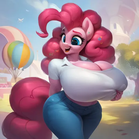 score_9, score_8_up, score_7_up, score_6_up, score_5_up, source pony,  pinkie pie, rating_safe, cute face, huge Breast large_implants (Breast Expansion) implants blow up breast_expansion large inflated silicone breasts like a blimp, huge overfilled round i...