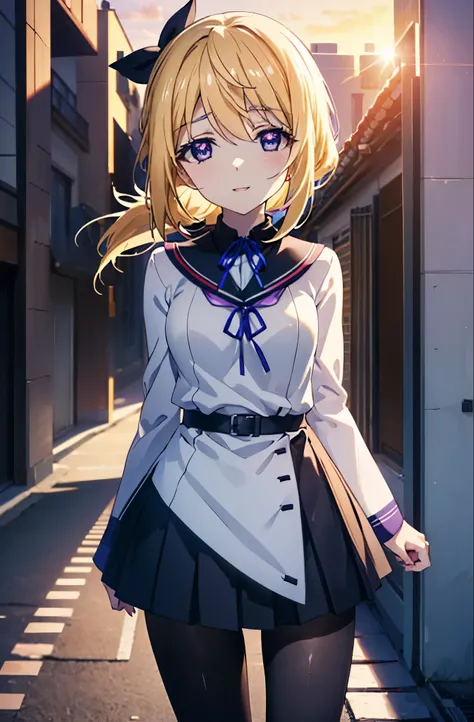 charlotte denois, charlotte dunois, long hair, blonde hair, ribbon, (purple eyes:1.1), ponytail,happy smile, smile, open your mo...