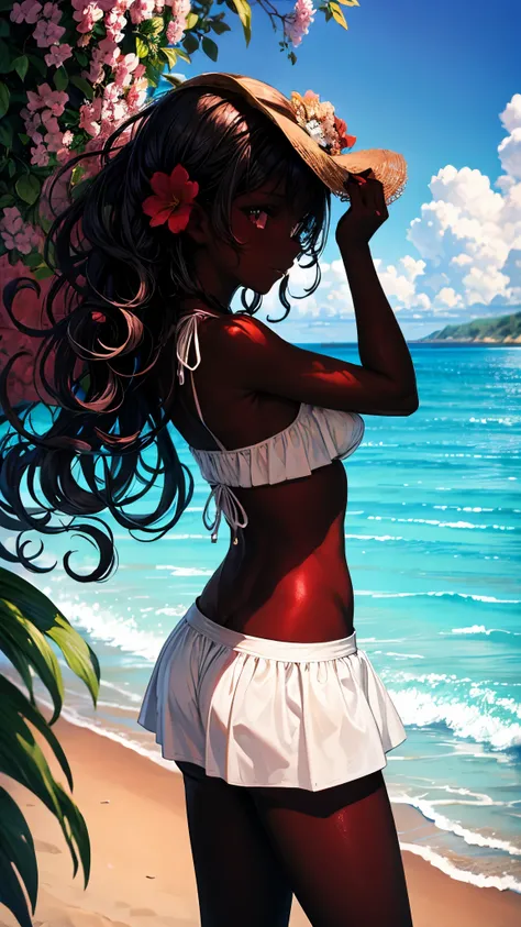 beach girl, dark skin, summer stawhat, curly hair, hair flowers, bikini skirt