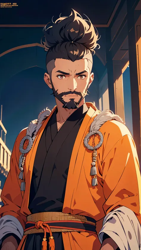 Anime,Arabic man1,male,(black skin),(black hair,High top fade haircut, Stubble Beard,light brown eyes),(They wear orang royal arabic robes for men),Highly detailed CG,8K wallpapers،Highest quality, high resolution, beautiful lighting, realistic shadow, hig...