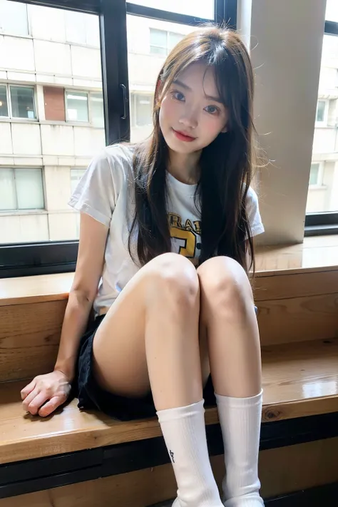 A 16-year-old girl, perfect face,Wear student attire, Legs in white，sitting on a window sill