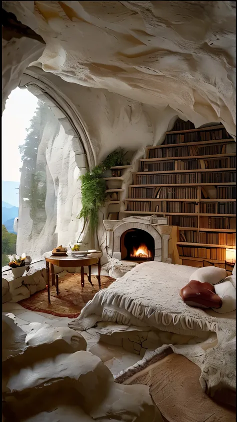 indoor in natural cave,smooth milky white rock walls,traditional style bed,roaring fireplace,ornately carved bookshelves filled ...