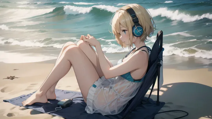 In the tranquil scene of a quiet beach, a girl with blonde short hair is immersed in the soothing melody of the sea. She wears cute headphones, the earbuds nestled gently in her ears, a contented expression gracing her delicate face. The sun casts a warm g...