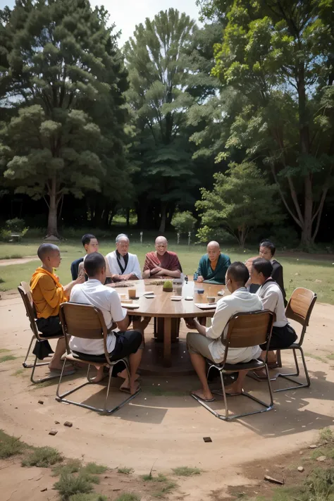 in the open space full with trees.
there are many chairs devided in two groups.
first group set as a circle with 9 chairs.
second group set as theatre chair in the southern of the circle. fulled with theravada thai buddhist monks, scholars, elders, LGBT+, ...