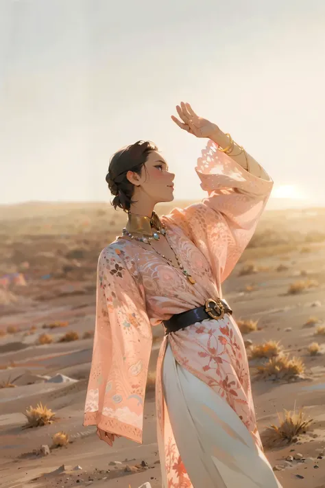 A woman in a pink dress stands in the desert, desert robe, Dior official editorial, Wearing a desert poncho, by Emma Andijewska, official vuitton editorial, Pale pink and gold gauze dress, Editorial Fashion Photography, High end fashion shoot, White lace c...