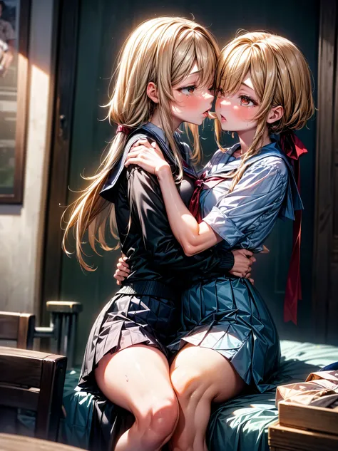 (masterpiece, highest quality:1.2)、(nsfw)、two girls、(kiss)、(high school uniform)、(eyes half closed)、(large tears)、(lots of drool...