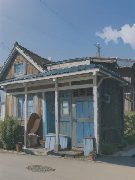 there is a small white house with a blue door and a green roof, frontview, old house, front side, old building, taken with sony alpha 9, outside view, one house, front view, view from front, front-view, exterior view, deep image, centre image, village hous...