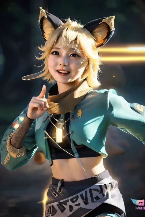 (masterpiece, best quality, high quality, highres, ultra-detailed),Joy_mlbb,1girl,short hair,blonde,animal ears,tail,midriff,navel,detailed eyes,electricity, running,