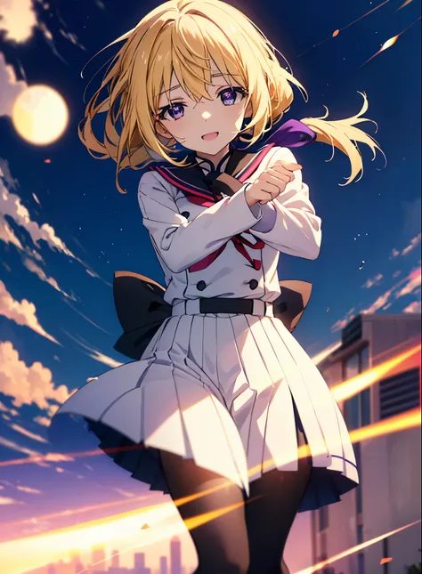 charlotte denois, charlotte dunois, long hair, blonde hair, ribbon, (purple eyes:1.1), ponytail,happy smile, smile, open your mo...