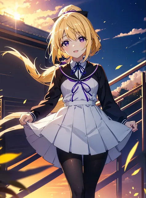 charlotte denois, charlotte dunois, long hair, blonde hair, ribbon, (purple eyes:1.1), ponytail,happy smile, smile, open your mo...