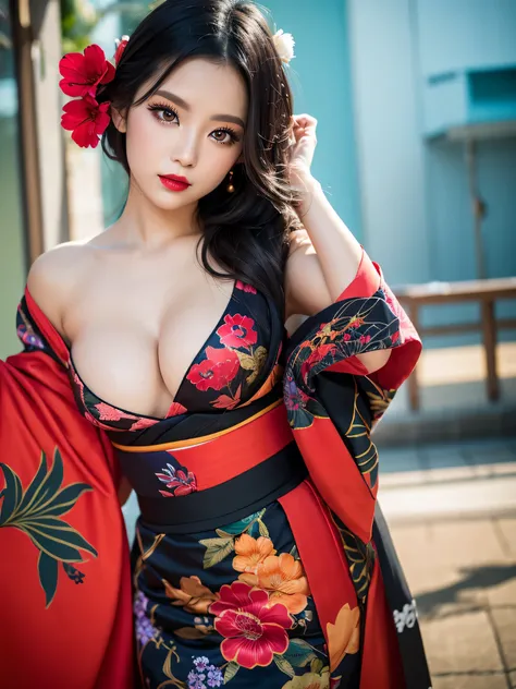 masterpiece, best quality, highres, 4k, 8k, ultra detailed, absurdres,vivid contrast, vibrant colors, full body,1girl, black hair, japanese clothes, solo, kimono,  long hair, makeup, hair ornament, red eyes, floral print, looking at viewer, red lips, lipst...