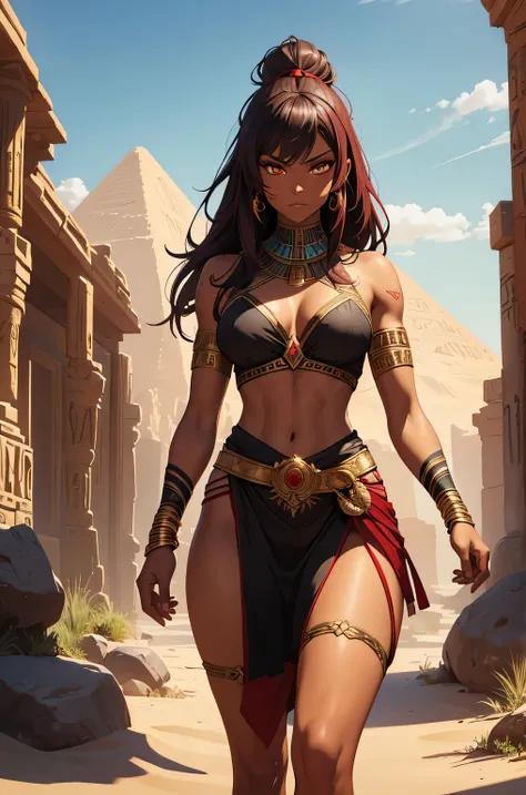 (masterpiece, best quality, high res) 1 tall muscular egyptian warrior princess, red and black color schemelong hair, dark skin golden eyes, tattoos, sand landscape, ready to fight, fantasy world
