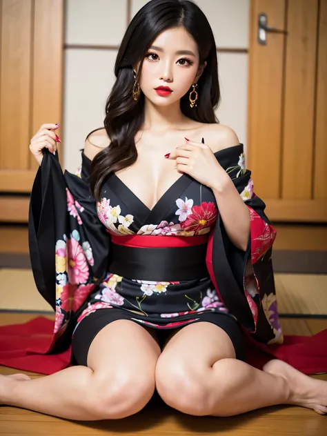 masterpiece, best quality, highres, 4k, 8k, ultra detailed, absurdres,vivid contrast, vibrant colors, full body,1girl, black hair, japanese clothes, solo, kimono,  long hair, makeup, hair ornament, red eyes, floral print, looking at viewer, red lips, lipst...