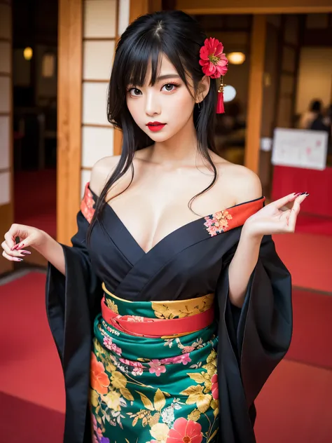 masterpiece, best quality, highres, 4k, 8k, ultra detailed, absurdres,vivid contrast, vibrant colors, full body,1girl, black hair, japanese clothes, solo, kimono,  long hair, makeup, hair ornament, red eyes, floral print, looking at viewer, red lips, lipst...