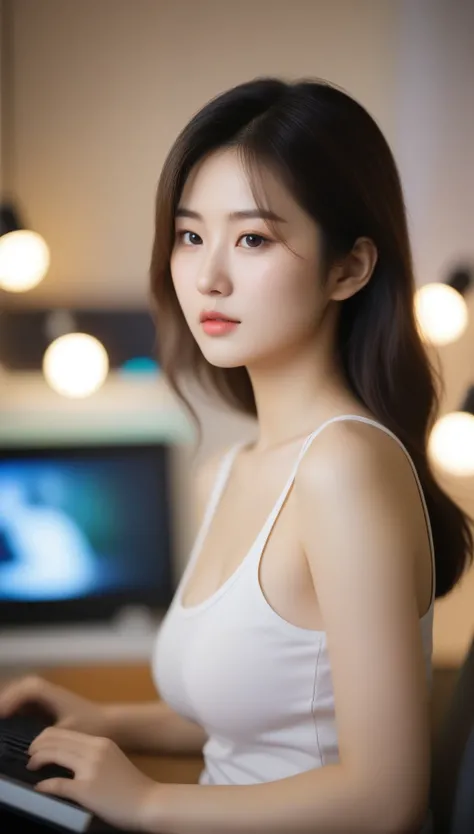 close-up, side shot of beautiful korean female, 34 inch breasts size, wearing tank top, sittung and playing computer game, in room, bokeh background, Polaroid photo, UHD 