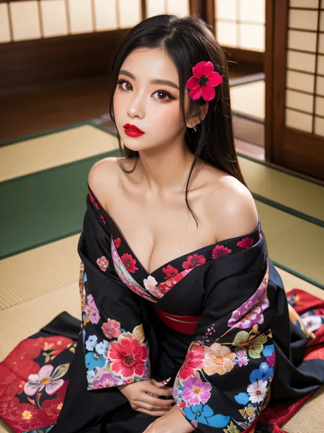 masterpiece, best quality, highres, 4k, 8k, ultra detailed, absurdres,vivid contrast, vibrant colors, full body,1girl, black hair, japanese clothes, solo, kimono,  long hair, makeup, hair ornament, red eyes, floral print, looking at viewer, red lips, lipst...