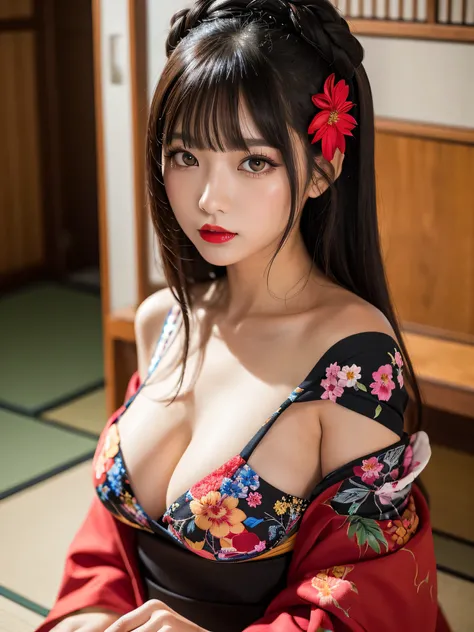 masterpiece, best quality, highres, 4k, 8k, ultra detailed, absurdres,vivid contrast, vibrant colors, full body,1girl, black hair, japanese clothes, solo, kimono,  long hair, makeup, hair ornament, red eyes, floral print, looking at viewer, red lips, lipst...