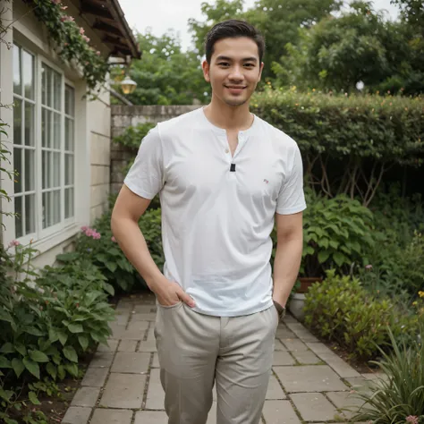 Create a hyper-realistic photo of a man, 30 years old, Thai, full length, wearing suite, standing, cross-arm, smilingly, outdoor garden, home, blur background, ((best quality)), ((masterpiece)), (detailed), perfect face
