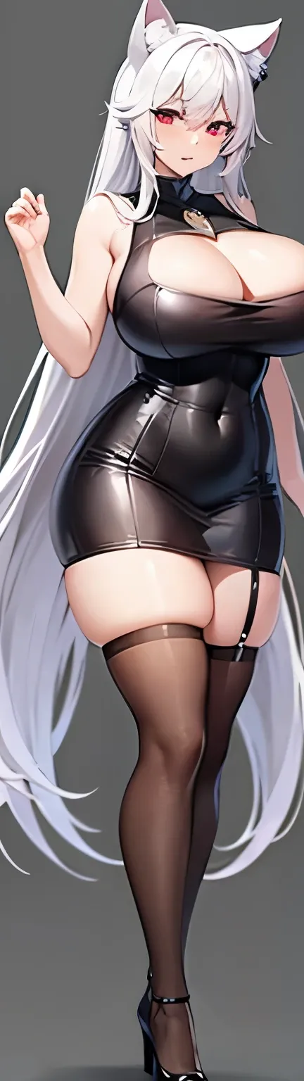 highest quality　High resolution　one young beautiful woman　red eyes　beautiful white hair　medium perm　cute soft girl　Cat ear　The huge breasts of a virgin killer with amazing charm　bbw　open your legs vertically　standing on one leg