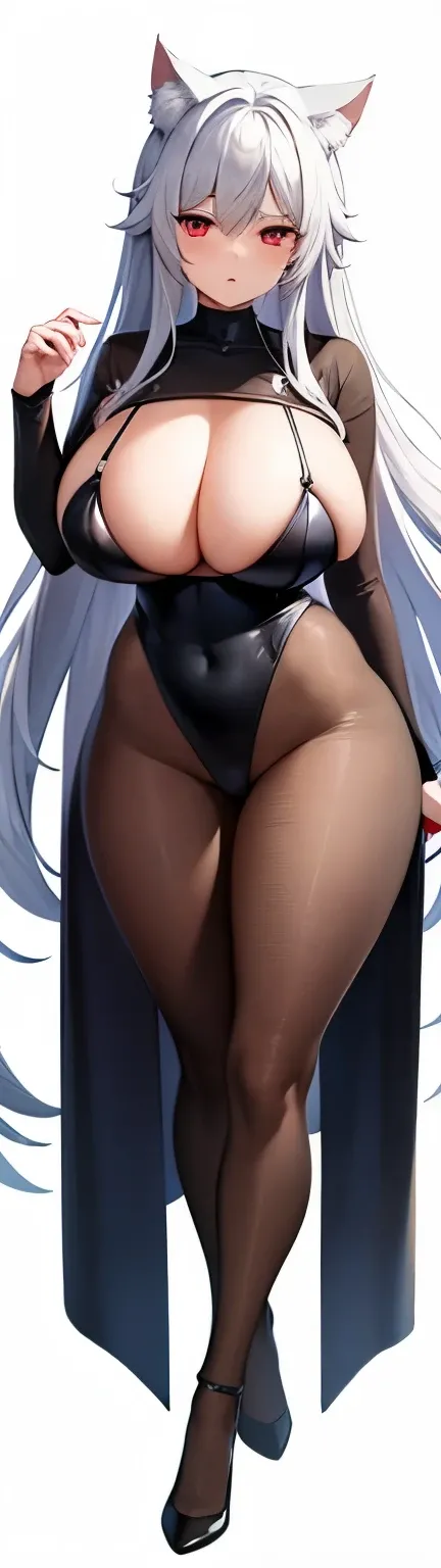 highest quality　High resolution　one young beautiful woman　red eyes　beautiful white hair　medium perm　cute soft girl　Cat ear　The huge breasts of a virgin killer with amazing charm　bbw　open your legs vertically　standing on one leg