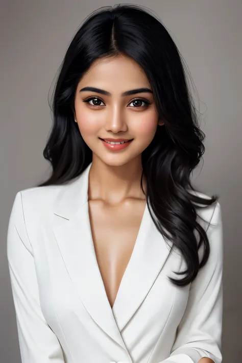 Photo of a charming Indian girl, round face, short neck, long wavy black hair, wearing a white blouse and a black overcoat, pleasantly smiling, showcasing her upper bust, fair complexion, captured in a professional, photo-realistic manner. The background i...