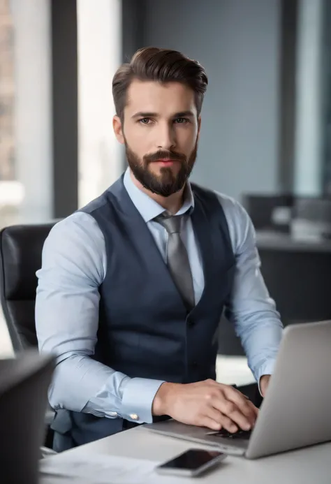 (best quality,ultra-detailed,realistic:1.37),professional,bearded businessman in a suit,confident expression,straight posture,well-groomed beard and mustache,dark brown hair and piercing eyes,elegant and stylish attire,standing in a modern office,with larg...