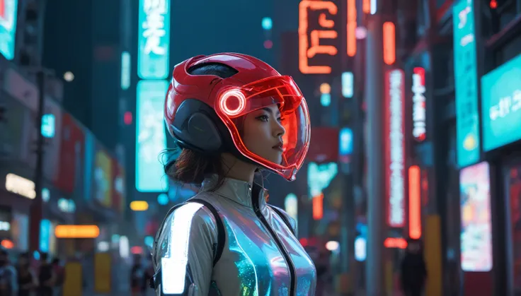 Una mujer hermosa，Wearing a translucent holographic helmet, Estilo de corrimiento al rojo 35 mm F2, day time, Ciudad Cyberpunk Neo Tokio, Neo Hong Kong, fantasma en la concha, cinematographic lighting, volumetric lighting, Criminales que se demoran, (alto ...