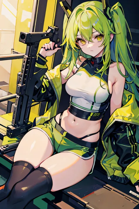 green hair, guns, demin shorts, stockings, sport top, golden eyes