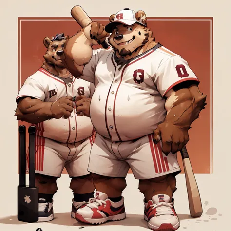 New Jersey 5 Hairy, Bear，full body portrait, male,exquisite， chubby，thick arms，plush fur，front，stand，baseball cap，red and white striped shirt，white shorts，sneakers，holding a baseball bat，stand，sweating，Smile