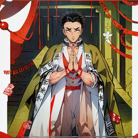 (masterpiece, best quality:1.2), kimetsu no yaiba style, gyomei, (1man, solo), mature male, upper body, black hair, (no eyes, wh...