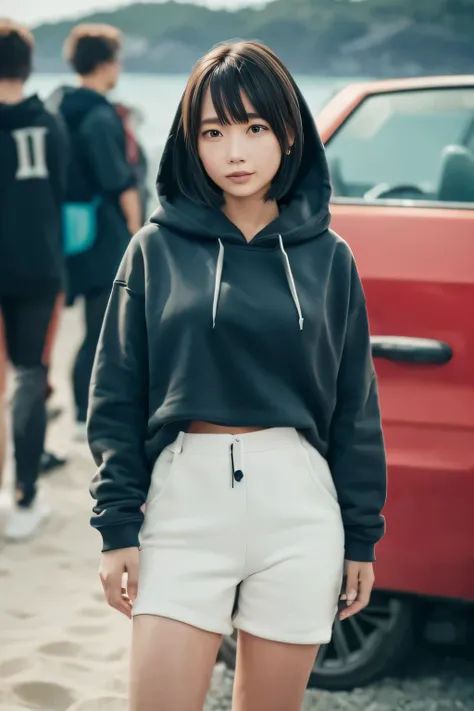 1 girl, beautiful, cute, professional lighting, highest quality,well-groomed face,(hoodie:1.3), beautiful,short hair,(big breasts:1.2),(beach:1.3)