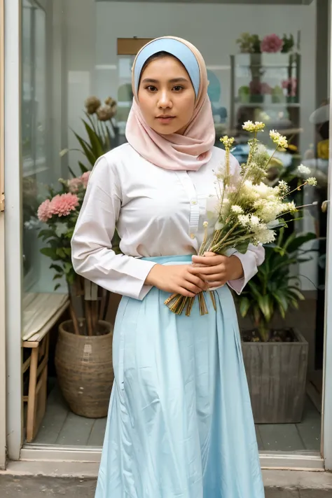 Potrait photography, wearing a pastel white shirt. She is wearing a pastel blue long skirt with a floral pattern. Awakening pose with flowers, standing in front of a flower shop window building, 20 year old woman,pure beauty, big booobs, fashion style 2020...