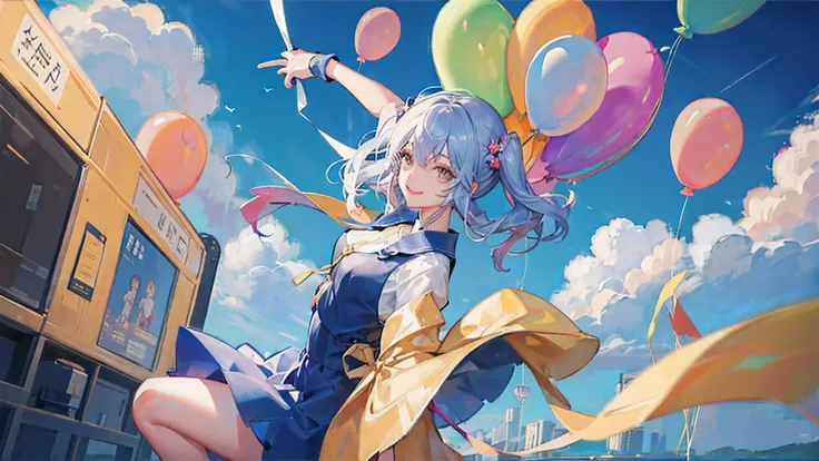 got a balloon、Please draw an illustration of a cute girl。She is smiling and enjoying the balloons dancing in the wind