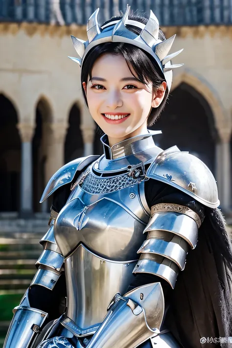 ８Ｋ、highest quality、female knight、The background is a castle、Luxurious Silver Armor、heavy equipment、black hair、hairstyle short cut、smile、beautiful teeth、full body photo、ear piercing、Dragon Helm

