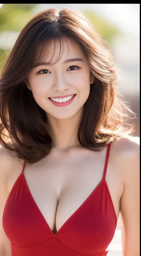 highest quality。８K-Picture。young gravure idol。Beautiful Women in perfect style。She&#39;s thin but her breasts are big。The charm of the gap。slim abs。dark brown hair。(big breasts：1.4)。cute eyes。double eyelid。length, wavy hair。A very delicately drawn face。per...