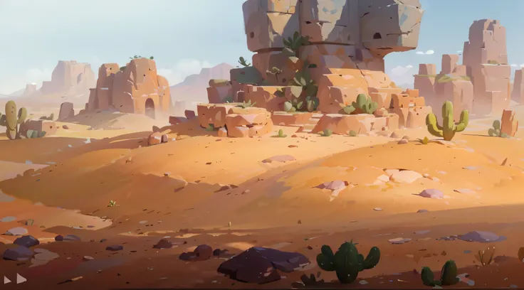 there is a desert scene with a cactus and rocks in the background, digital painting concept art, low detailed. digital painting, detailed digital painting, painted as a game concept art, painterly concept art, oil paint concept art, 2d concept art, desert ...