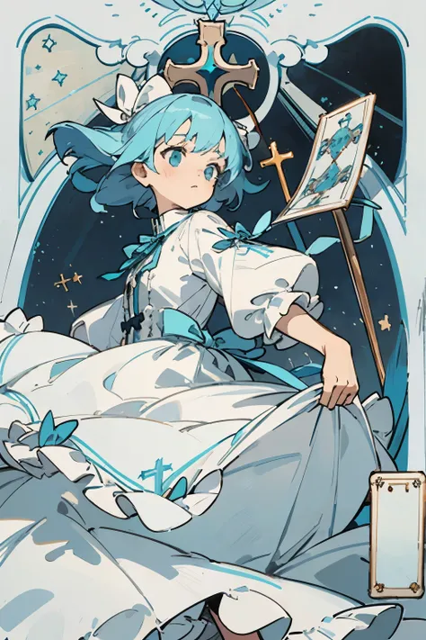 Tiffany Blue Hair,cross,white lolita clothes,frills,ribbon,church,tarot