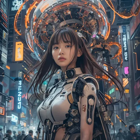 （one young beautiful japanese woman、several robots destroying the city）、sf、a woman with telekinetic powers、the space around the ...