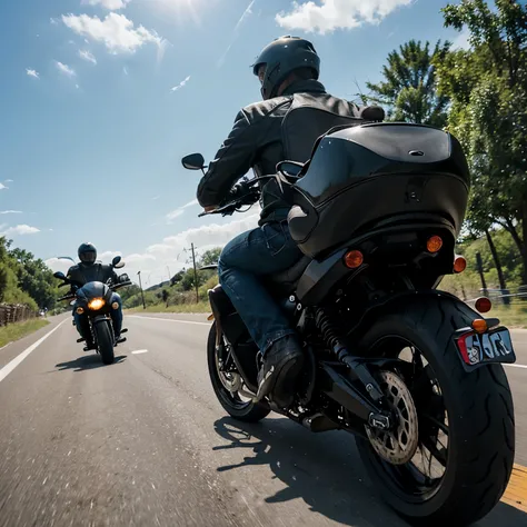 2 guys riding a motorcycle together while being shown in a sideview. The one in the back being clearly taller than the other. They are driving at a high speed which results in the backround rushing by. 