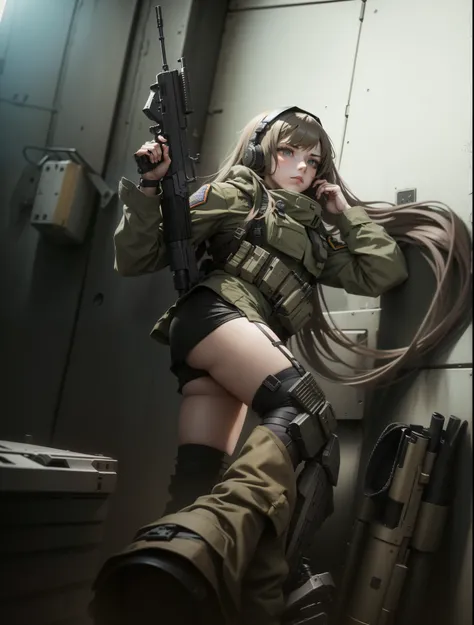 There is a woman wearing military uniform and holding a gun., m4 sopmod ii girl frontline, mechanized soldier girl, Quieter than Metal Gear Solid v, Quieter than Metal Gear Solid, infantry girl, military girl, soldier girl, bikini + Tattered military equip...