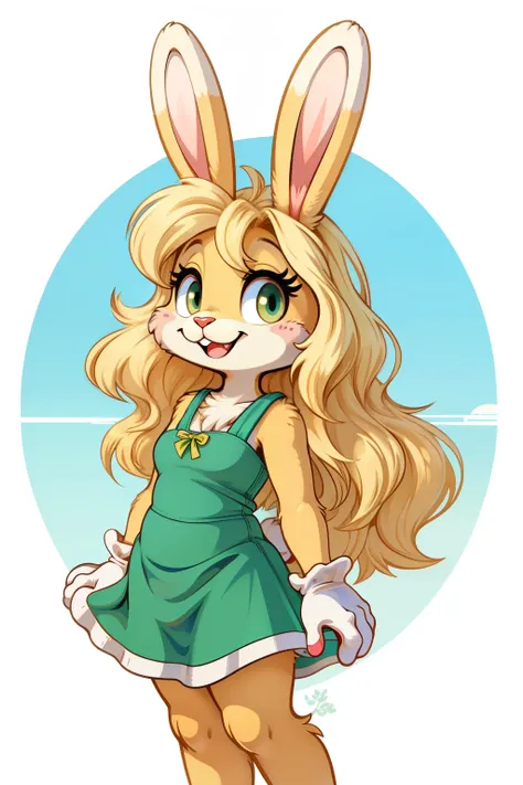 Minimalist art style, Vintage loony tunes style, Female rabbit smiling brightly, green summer dress, blonde fur, long hair style,White gloves,