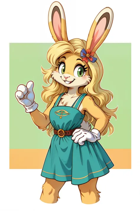 Minimalist art style, Vintage loony tunes style, Female rabbit smiling brightly, green summer dress, blonde fur, long hair style,White gloves,